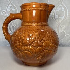 Vintage Water Pitcher Ceramic Pottery 9" Orange 70s Floral Handmade 1971
